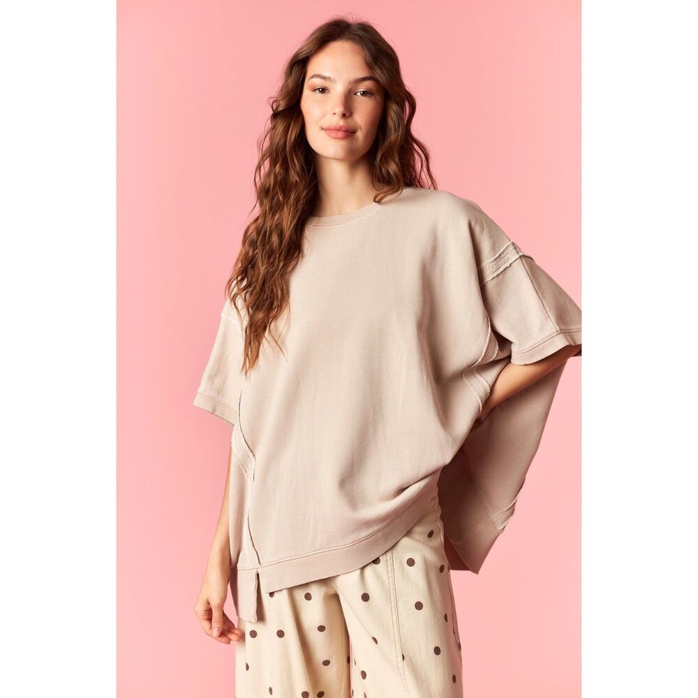#2012. Peach Love CA Taupe Oversized CtnFrench Terry Short Sleeve Sweatshirt NWT